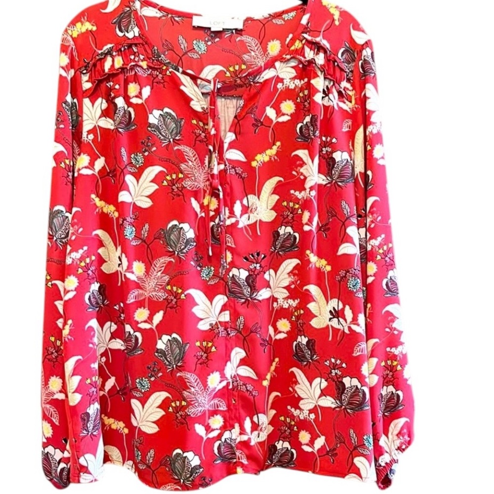 NWOT Loft Mixed Media red floral leaves long sleeve blouse top Medium New